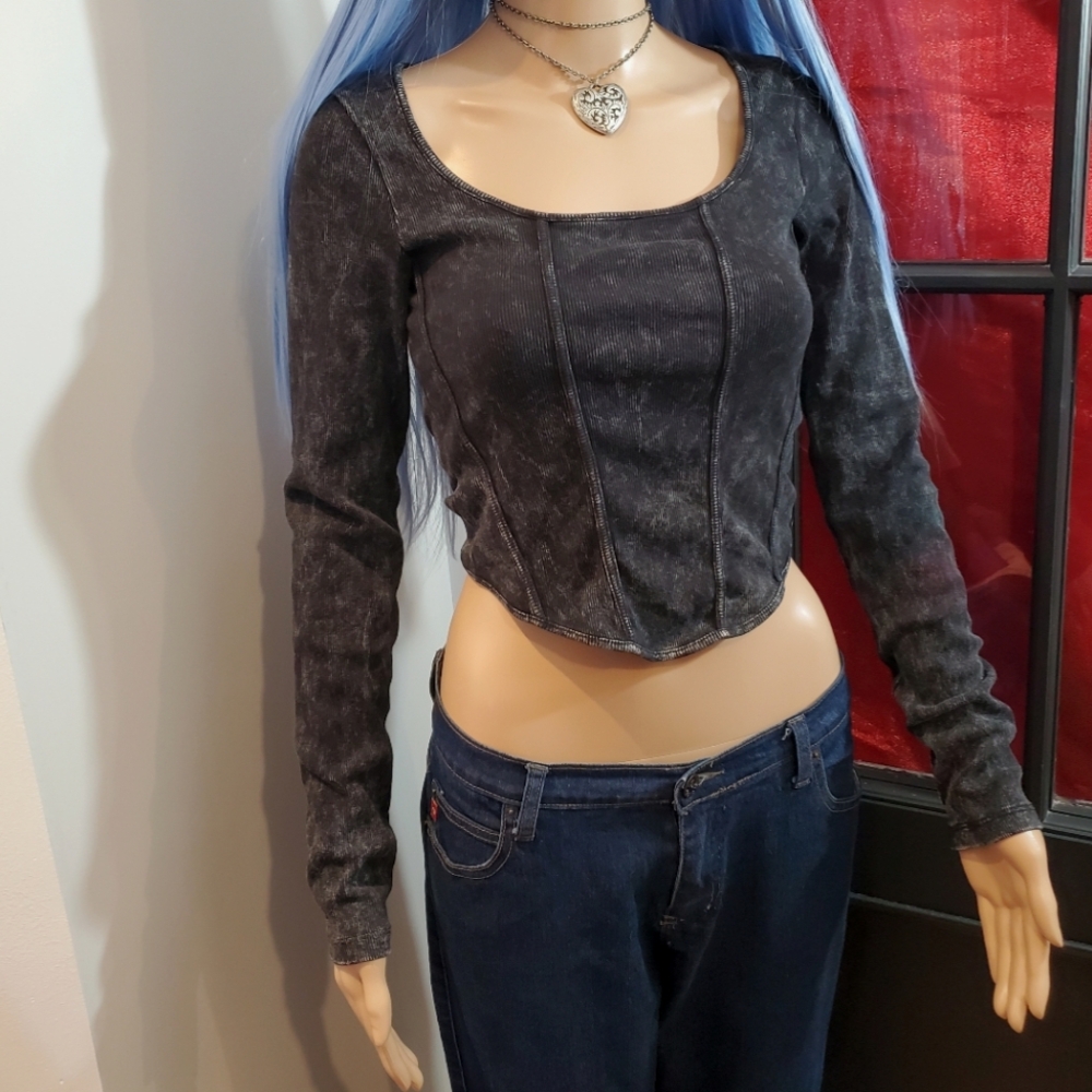 Divided Dark Faded Corset Front Long Sleeve Top No Wire